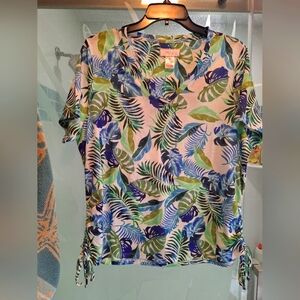 Stelk Parker Leaf Print Short Sleeve Top - Green and Blue